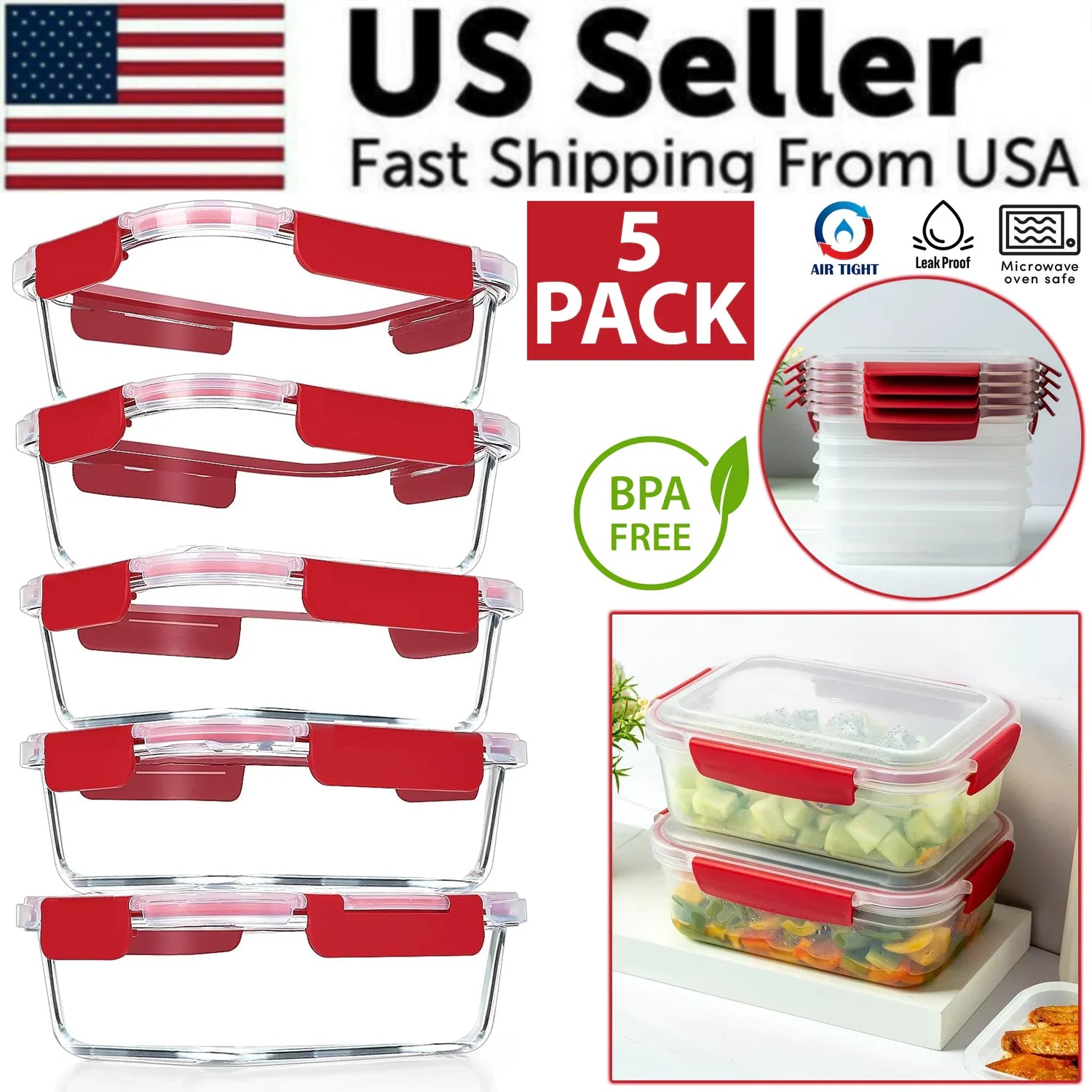 5-Pack Stackable Airtight Food Storage Containers
