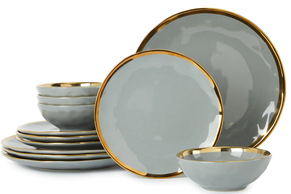 Pokini 4-Piece Grey & Gold Rim Dinnerware Set