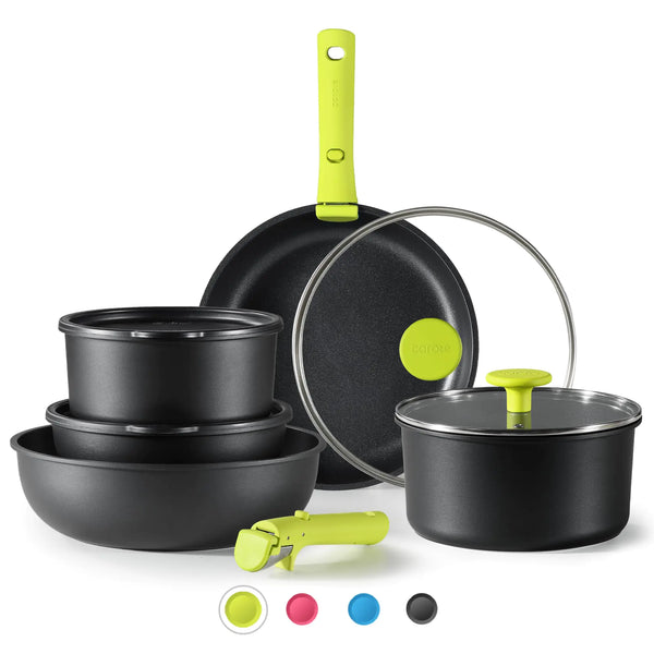 11-Piece Space-Saving Nonstick Cookware Set with Detachable Handle – Chartreuse
