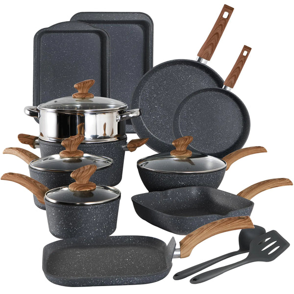 Kitchen Academy 17-Piece Nonstick Induction Cookware Set – Black Granite